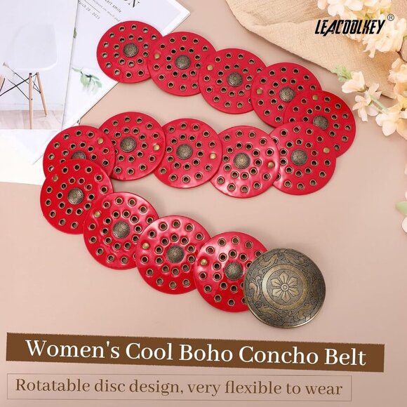 Women's Boho Disc Belt Wide Western Leather Belt Vintage Concho Waist Belts Red - Picture 2 of 6